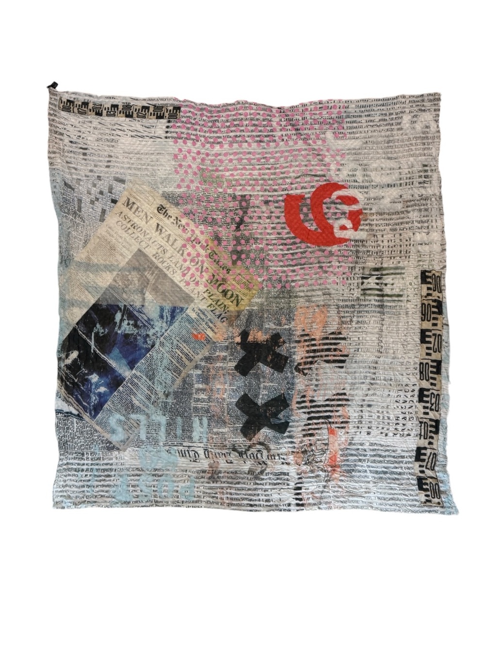 Suzi Roher Crinkled Newspaper Collage Mixed Media Square Scarf Wrap Italy 145 cm
